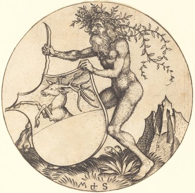 Vahşi Adam tarafından düzenlenen geyik ile kalkan by Martin Schongauer