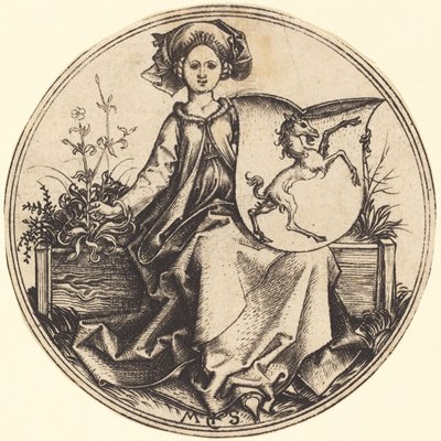 Kadın tarafından düzenlenen tek boynuzlu at ile kalkan by Martin Schongauer