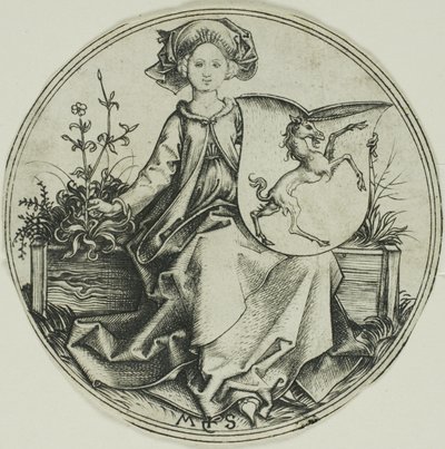 Tek Boynuzlu Atlı Kalkan, Bir Hanımın Tuttuğu by Martin Schongauer