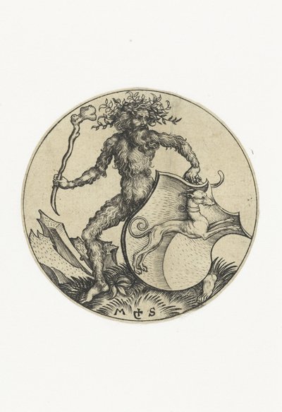 Bir sopa ile vahşi bir adam tarafından tutulan bir köpek ile arması Armalı rakamlar (dizi adı) by Martin Schongauer