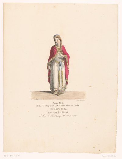 Kostuum van koningin Berthe uit de tragedie Paris Kuşatması Berthe (nesne üzerindeki başlık) Theaterkostuums (dizi adı) Fransız Tiyatrosu: MM tarafından kostüm koleksiyonu. J. Alaux ve L. Duponchel, Bibliothèque de la Comédie