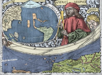 VESPUCCI, Amerigo (1454-1512). “Waldseemuller haritası veya Universalis Cosmographia - (Universal Cosmography) - Waldseemuller Planisphere”deki İtalyan kaşif ve haritacılık” - 1507 - by Martin Waldseemuller