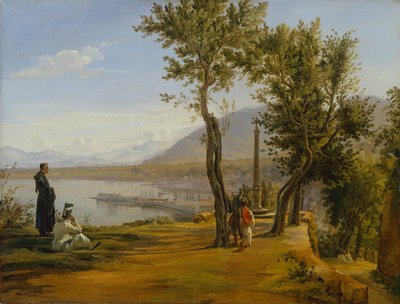 Bir Tapınakta Figürler, Ötesinde Bir Liman (tuval üzerine yağlı boya) by Martinus Rorbye