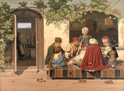 Türk kahvesi ve berber dükkânının önünde satranç oyuncuları partisi by Martinus Rørbye
