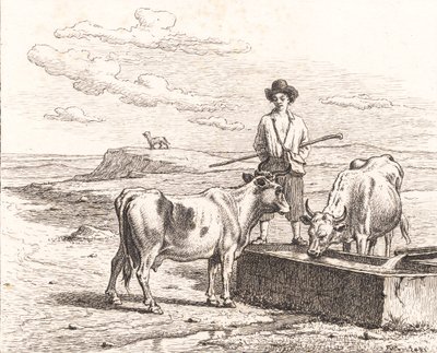 Sulama teknesinin yanında bir çoban çocuğu. Çizim için Chr. Winther "Küçük Çocuklar İçin Yirmi Beş Resim" by Martinus Rørbye