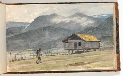 Kulübe ve uzun yürüyüşe çıkan kimse ile dağ manzarası by Martinus Rørbye
