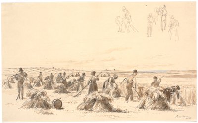 Tarlada hasat işçileri. Arka planda değirmenler ve deniz by Martinus Rørbye