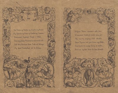 Yazılı "Çocuklar için Yarım Yüz Masal" için hayvanlarla sapan bağlantı süslemeli iki kapak by Martinus Rørbye