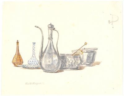 Türk gemileri, bir sürahi ve iki şişe by Martinus Rørbye