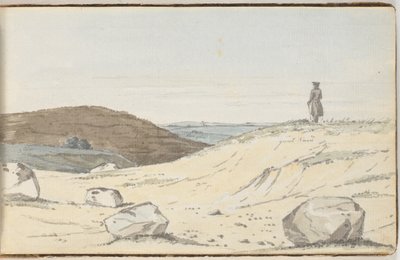 Bir fundalık veya kumul manzarası. Ön planda bazı büyük tepeler; birinin üzerinde ovaya bakan bir adam duruyor by Martinus Rørbye