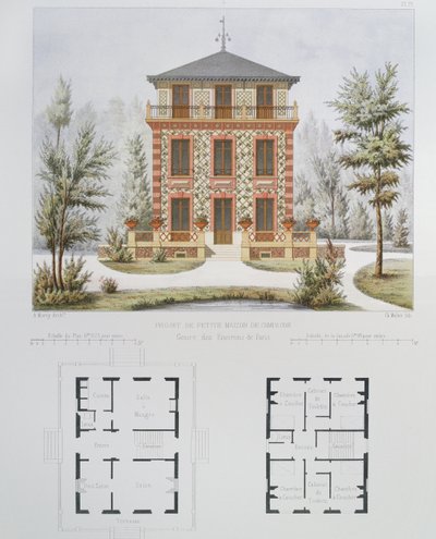 Paris yakınlarındaki küçük bir kır evi projesi, Walter tarafından kazınmış, Architecture Pittoresque et Moderne