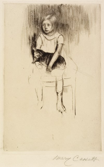 Ellen Bir Kedi Tutuyor, Sola Bakıyor, c. 1887 by Mary Cassatt