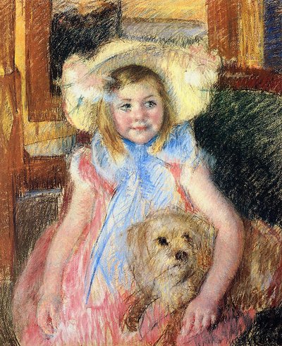 Büyük Çiçekli Şapkalı Sara, Sağa Bakıyor, Köpeğini Tutuyor, 1901 dolayları (kağıt üzerinde pastel) by Mary Cassatt