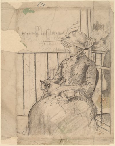 Susan Bir Balkonda Köpek Tutarak [recto], c. 1883. by Mary Cassatt