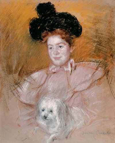 Bir köpek tutan kadın (kağıt üzerinde pastel) by Mary Cassatt