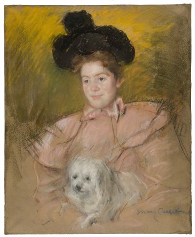 Ahududu Kostümlü, Köpek Tutan Kadın, c. 1901. by Mary Cassatt