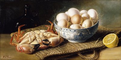 Sepette Bir Yengeç ve Bir Kase Yumurta, Bir Şişe ve Yarım Limon ile by Mary E. Powis