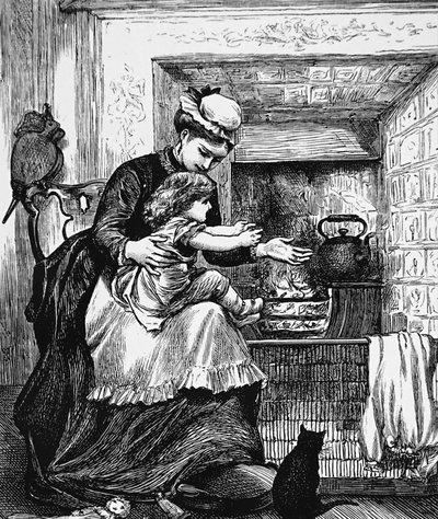 Bir çocukla bir bakıcı ateşin önünde by Mary Ellen Edwards