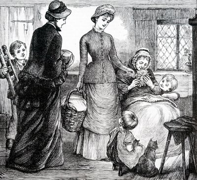 Fakir bir kulübeye hediyeler veren bir kadın. İngiliz sanatçı Mary Ellen Edwards (1838-1934) tarafından by Mary Ellen Edwards
