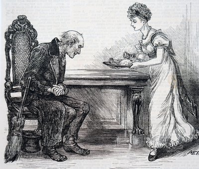Karşıdan karşıya süpürücüye sıcak bir akşam yemeği veren bir kadın. İngiliz sanatçı Mary Ellen Edwards (1838-1934) tarafından by Mary Ellen Edwards