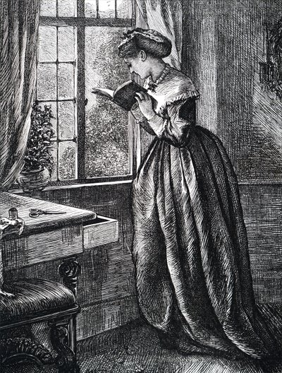Açık bir pencerenin yanında kitap okuyan genç bir kadın. by Mary Ellen Edwards