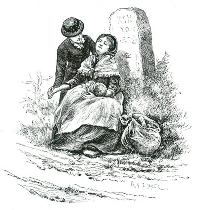Yoksul, bekar bir anne bebeğiyle birlikte Yetimhaneye giderken bitkin halde bulundu. Bir Thomas Hardy romanını andıran, ancak ülke genelinde kırsal alanlarda nadir olmayan bir sahne. Mary Ellen Edwards c1881
