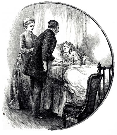 Genç hastasını evde ziyaret eden bir doktoru betimleyen bir gravür. Mary Ellen Edwards (1838-1934) tarafından çizilen bir İngiliz sanatçı ve çocuk kitaplarının üretken illüstratörü by Mary Ellen Edwards