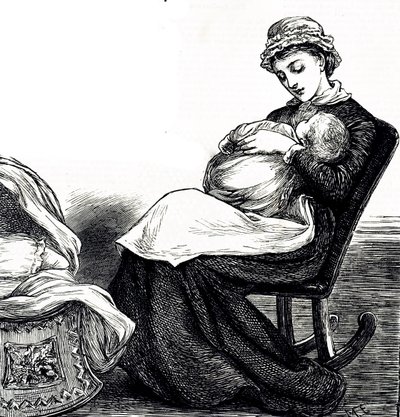 Bebeğini sallayan bir anneyi betimleyen bir gravür. Resimli Mary Ellen Edwards (1838-1934) bir İngiliz sanatçı ve çocuk kitaplarının üretken illüstratörü by Mary Ellen Edwards