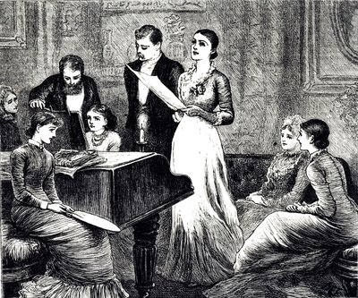 Müzikli bir akşamı tasvir eden bir gravür. Mary Ellen Edwards (1838-1934) tarafından çizilen bir İngiliz sanatçı ve çocuk kitapları illüstratörü by Mary Ellen Edwards