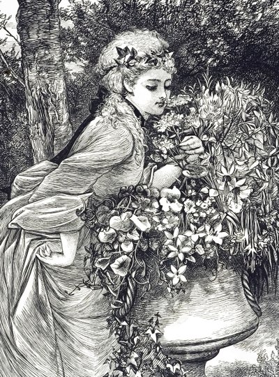 Bir bahçe vazosunda çiçek kokan genç bir kızı betimleyen bir gravür. Mary Ellen Edwards (1838-1934) tarafından çizilen bir İngiliz sanatçı ve çocuk kitapları illüstratörü by Mary Ellen Edwards