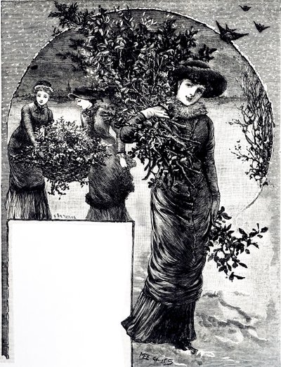 Noel dekorasyonu için kutsal ve yaprak dökmeyen koleksiyonunu gösteren bir gravür. Mary Ellen Edwards (1838-1934) tarafından çizilen bir İngiliz sanatçı ve çocuk kitapları illüstratörü by Mary Ellen Edwards