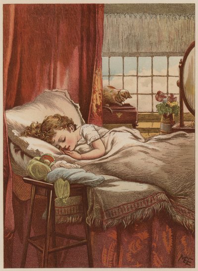 Yatakta uyuyan çocuk (chromolitho) by Mary Ellen Edwards