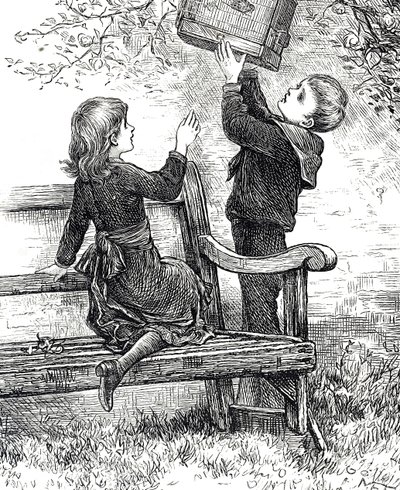 Kafeste evcil serçeleriyle çocukları tasvir eden gravür by Mary Ellen Edwards