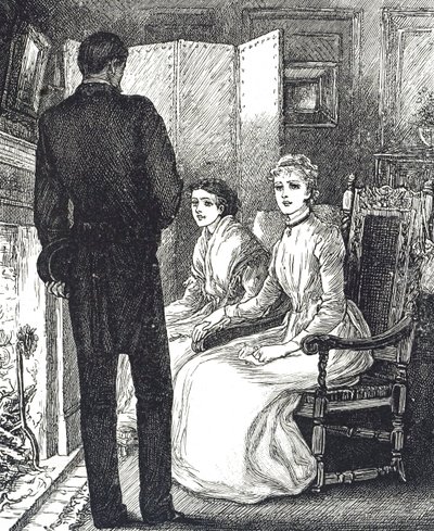 Şöminenin yanında ısınan iki kadını betimleyen gravür by Mary Ellen Edwards