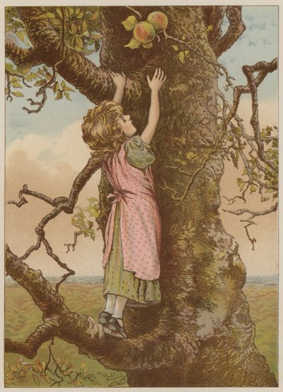 Son elmalar için tırmanan kız (chromolitho) by Mary Ellen Edwards
