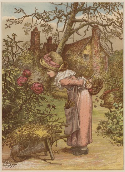 Bahçede arı izleyen kız (chromolitho) by Mary Ellen Edwards