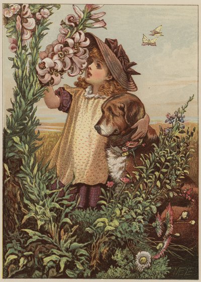 Köpek kokulu çiçekli kız (chromolitho) by Mary Ellen Edwards