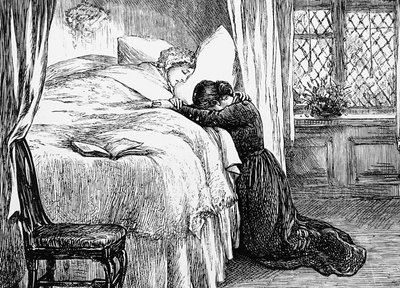 Annesinin ölüm döşeğinde ağlayan bir kızı tasvir eden illüstrasyon by Mary Ellen Edwards