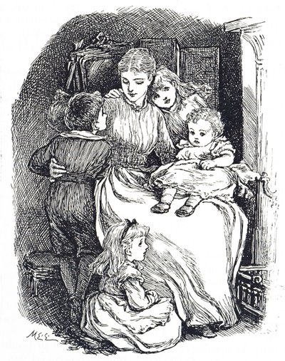 Çocuklarıyla birlikte bir anneyi tasvir eden illüstrasyon by Mary Ellen Edwards