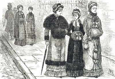 Soğuk havalarda ellerini sıcak tutmak için manşonlu genç kadınları gösteren illüstrasyon by Mary Ellen Edwards