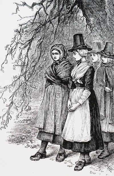 Hollantide fuarında, bir işe alım fuarında, hizmetçi olarak nişanlanmayı bekleyen Galli kızlar by Mary Ellen Edwards