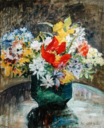 Yeşil Vazoda Çiçekler (tuval üzerine yağlı boya) by Mary Ethel Hunter