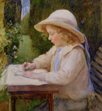 Bahçe masasında çizim yapan kız (çalışma) by Mary Harcourt