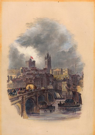 Old Tyne Köprüsü, Münazara Salonu, St Nicholas Katedrali ve Kalesi (kağıt üzerinde mürekkep ve tuvalet) by Mary Jane Hancock