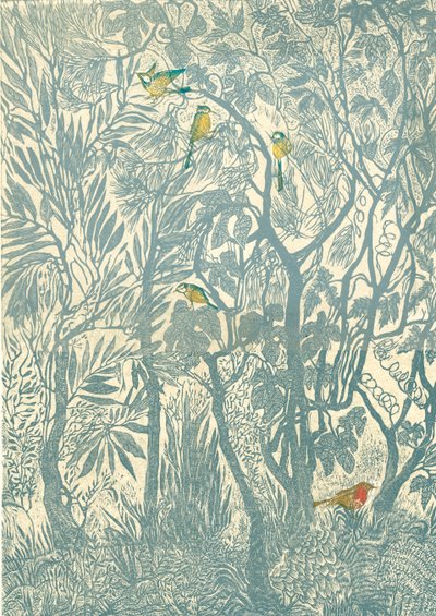 Mutfak penceresinden kuş gözlemciliği: robin, 2012 (vinil gravür, kabartma baskı) by Mary Kuper