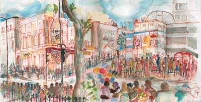 Karnaval, Ladbroke Grove, 2017 (kalem ve sulu boya) by Mary Kuper
