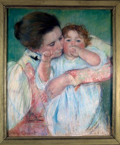 Yeşil zemin üzerine anne ve çocuk veya Mary Cassatt (1844-1926) 1897 Sun tarafından Annelik Tablosu. 0,55x0,46 m Paris, musee d