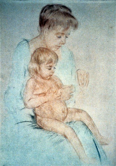 Tırnaklarına manikür yaparken küçük çıplak çocuğu kucağında tutan kadın, c1904. Pastel. Mary Cassatt (1844-1926) 1866'dan itibaren ağırlıklı olarak Fransa'da yaşayan Amerikalı ressam ve matbaacı. Aile içi Anne Çocuk by Mary Stevenson Cassatt
