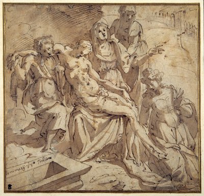 Pieta (beyaz kağıt üzerinde kahverengi yıkama ile kalem ve kahverengi mürekkep) by Maso da San Friano