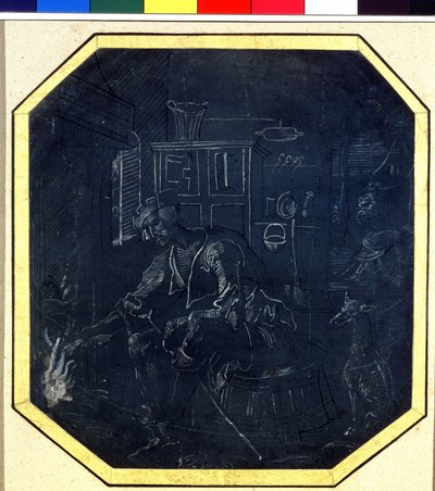 Müsrif Oğul benzetmesi: ateşin önündeki genç oğul. Antwerp Ustası (1520 civarında aktif), 16. yüzyılın başlarında çizim. Puşkin Müzesi, Moskova by Master Antwerp